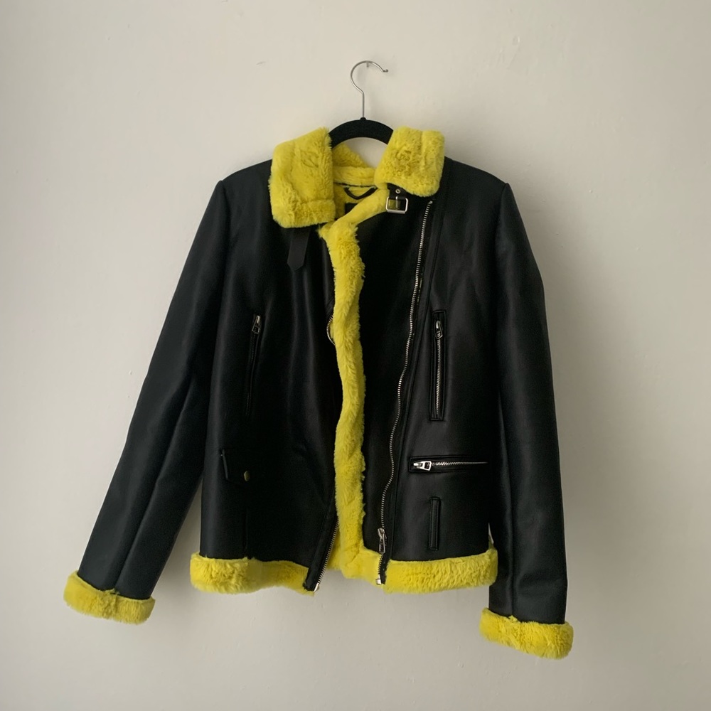 Yellow faux fur and leather jacket